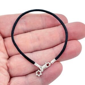 Vintage Sterling Silver 925 Star Charm Black Cord Bracelet 6.75"